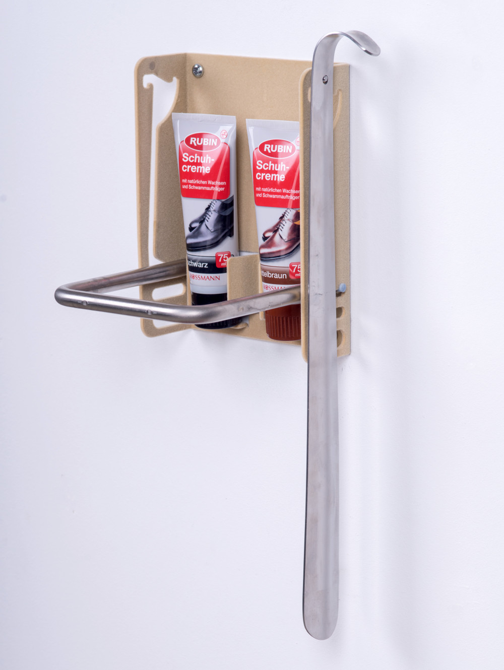 KARAMELL SZÍNŰ FLOKKOLT (BÁRSONYOS) LÁBTARTÓ, CIPŐKRÉM TARTÓVAL, CIPŐKRÉMMEL