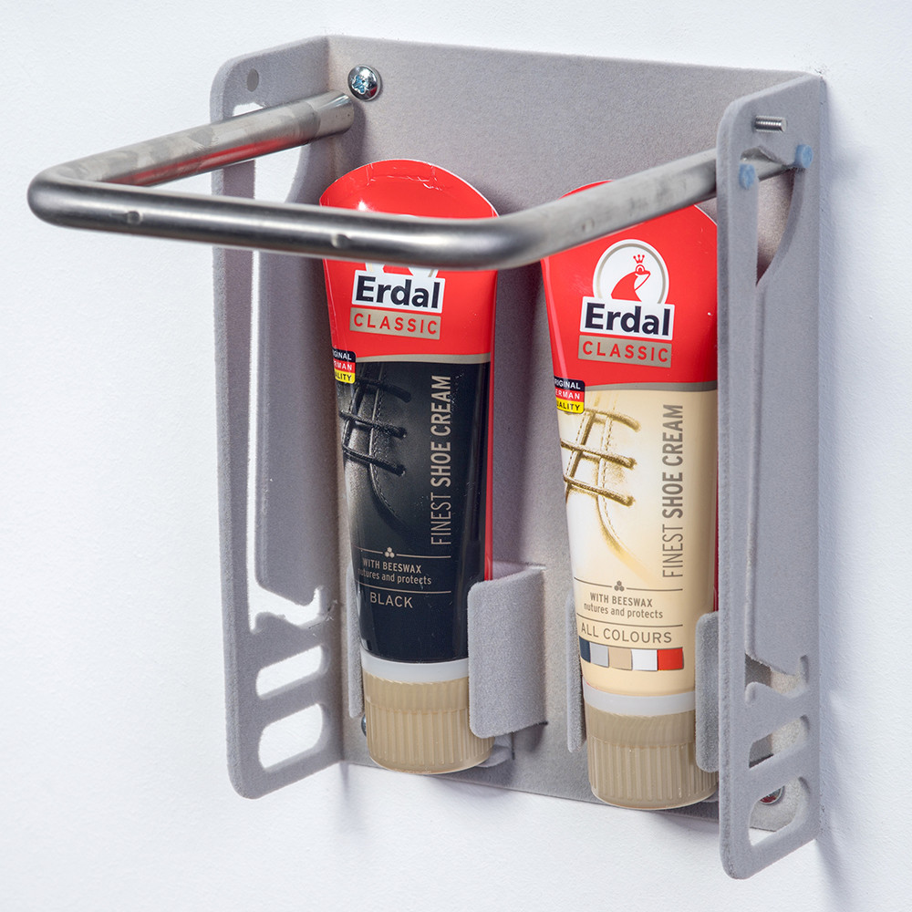 SZÜRKE SZÍNŰ FLOKKOLT (BÁRSONYOS) LÁBTARTÓ, CIPŐKRÉM TARTÓVAL, CIPŐKRÉMMEL