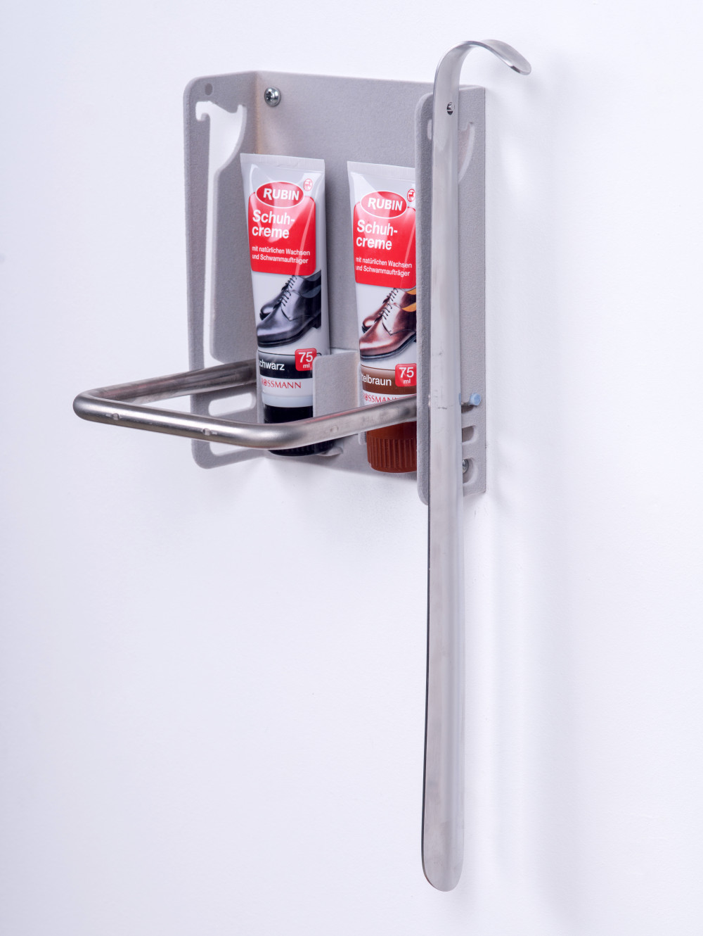 SZÜRKE SZÍNŰ FLOKKOLT (BÁRSONYOS) LÁBTARTÓ, CIPŐKRÉM TARTÓVAL, CIPŐKRÉMMEL